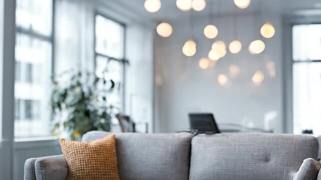Blurred modern interior with comfortable sofa and warm bokeh lights creating