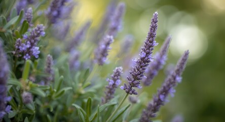 Fototapeta premium Close up view of lavender leaf Stachys with green foliage and a soft bokeh spring background