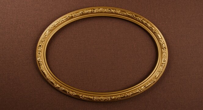 gold oval frame featuring an elaborate floral motif on a muted brown background
