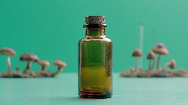 Psilocybin mushroom tincture in amber apothecary bottle for microdosing and psychedelic therapy. Natural alternative medicine concept on a clean teal background.