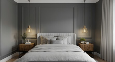 Fototapeta premium Elegant home bedroom with grey walls, unique pendant lights, and coordinated bedside tables