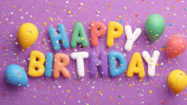 Colorful birthday banner with 3D &ldquo;HAPPY BIRTHDAY&rdquo; letters and floating balloons on a purple backdrop with confetti. Bright festive design perfect for party invitations, greeting cards, and web banners