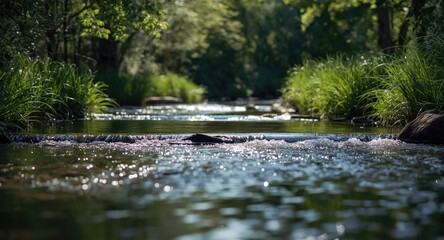 Fototapeta premium Extensive river environment displaying a calm flowing stream with adjacent walking trails