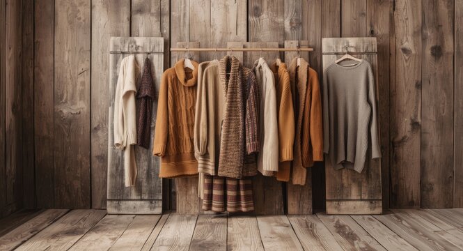 Fall and winter warm knitwear collection hanging on aged wooden boards for seasonal style