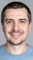 Fototapeta premium Man smiling, split image showing a comparison