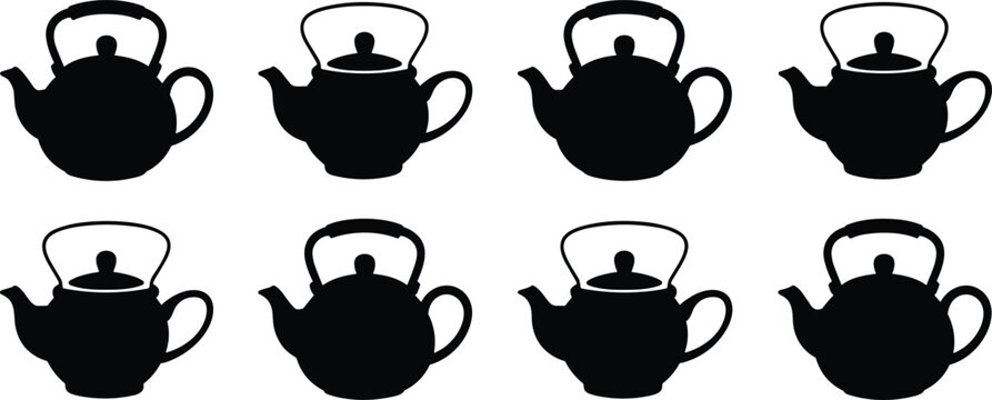 Set of teapot silhouettes kitchen tea pot isolated black cookware collection beverage serving design vector illustration bundle icon set