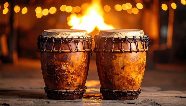 A Pair of Worn Conga Drums with Leather Accents Beside a Warm Fire