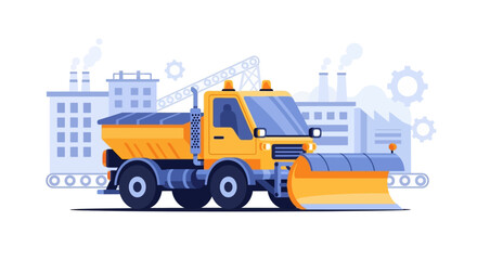 Naklejka premium Industrial Snowplow and Salt Spreader Truck with Factory Background Vector Illustration