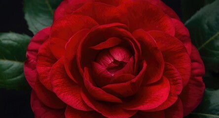 Naklejka premium Close-up shot revealing the vivid red camellia petals and dense green leaf arrangement in macro style on a dark canvas