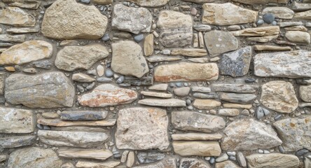 Fototapeta premium Rough stone wall pattern complementing an uneven gravel background with copy space