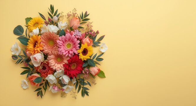 Anime style aerial composition featuring a vibrant bouquet on a soft yellow pastel surface