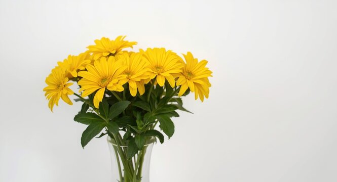 Cheerful yellow Bidens Goldilocks plant arranged in a tall vase with a plain white backdrop