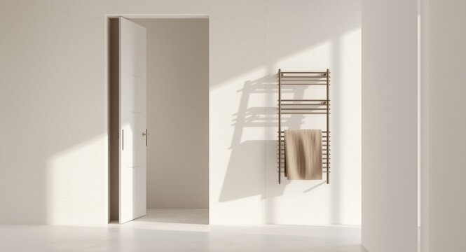 Minimalist bathroom design showcasing a folding door and contemporary towel rack