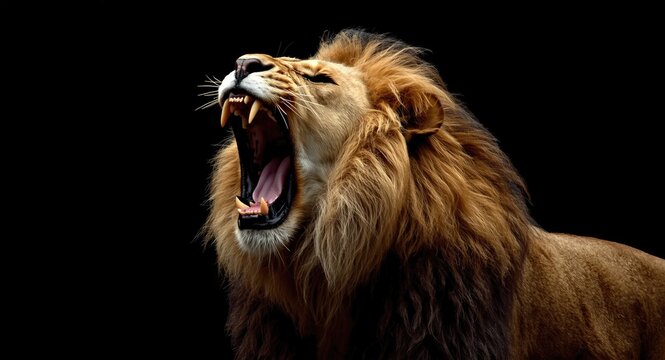 Commanding lion roaring fiercely in black arena