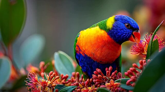 Colorful parrot perched on flowers