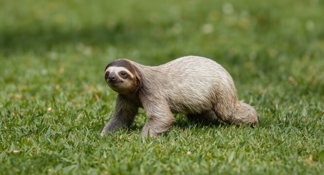 Happy pet two toed sloth climbing energetically on bright green grass lawn in full length summer atmosphere