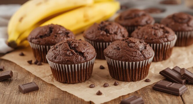 Freshly baked chocolate banana muffins on a wooden table with whole bananas and broken chocolate pieces for a homestyle dessert arrangement