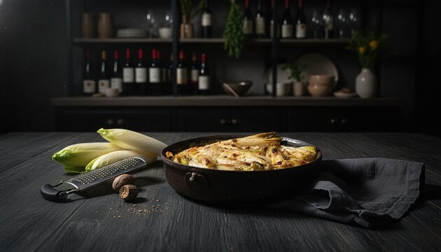 Dark moody braised endives in sophisticated restaurant setting
