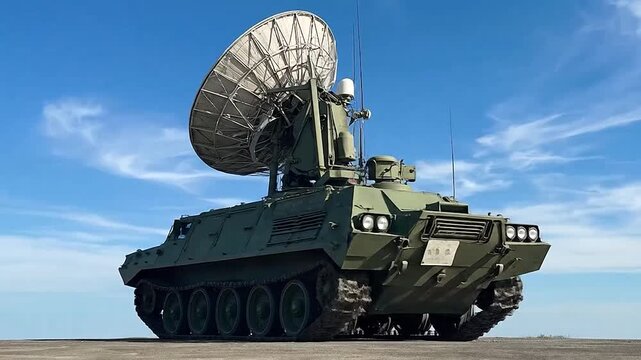 A powerful military tracked vehicle with a large satellite dish stands ready.