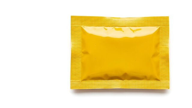 A yellow condom wrapper on a white background