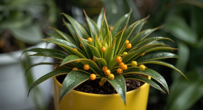 Fresh Schubert Aechmea Bromeliad with orange berries in cheerful yellow pot suited for garden displays
