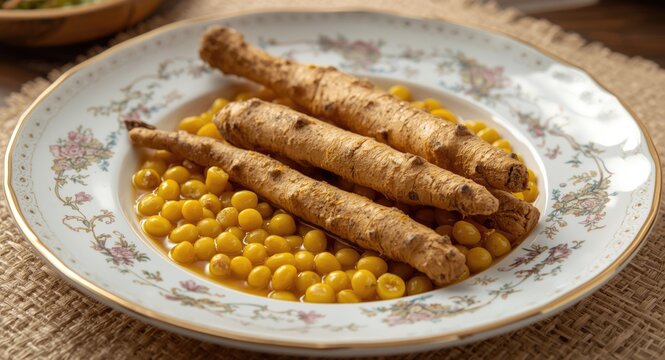 Freshly harvested yellow maca roots on an elegant dinner plate