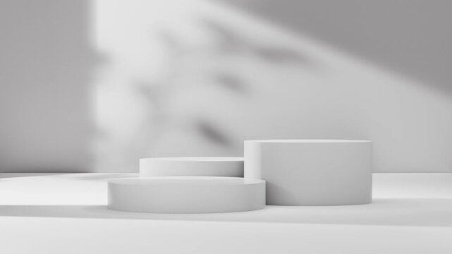 A white podium with loop shadow animation minimal scene white wall, for cosmetic product display stand, modern architectural backdrop, 3d rendering