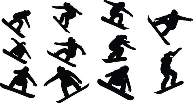 snowboard, snowboarder, silhouette, winter, sport, extreme, action, jump, athlete, freestyle, mountain, vector, illustration, design, collection, isolated, black, dynamic, activity, set