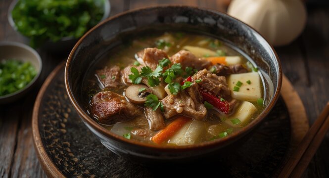 Mild and flavorful pork rib soup with shiitake mushrooms, winter melon, and herbs