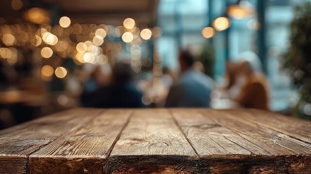 Rustic wooden table surface with blurred restaurant background and bokeh lights