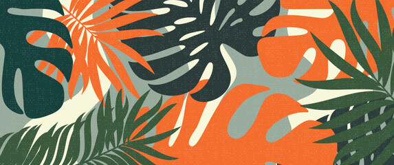 Dense Tropical Monstera and Palm Leaves in Green, Orange, and Beige Layered Over Abstract Vibrant Background © Jen
