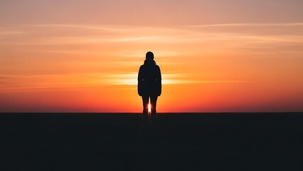 Fototapeta premium A person stands silhouetted against a vibrant sunset sky, looking off toward horizon