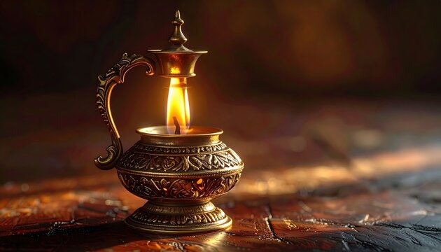An antique ornate brass oil lamp casting a warm glow with a vibrant flame, a symbol of tradition and history.