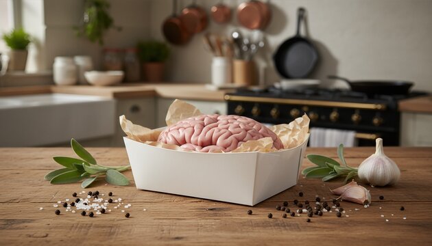 Fresh raw calf brain in artisan packaging on wooden table