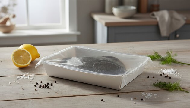 Fresh whole turbot in artisanal packaging on rustic table