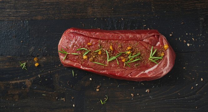 Overhead shot of raw beef osso bucco seasoned with fresh herbs and spices on textured dark wood