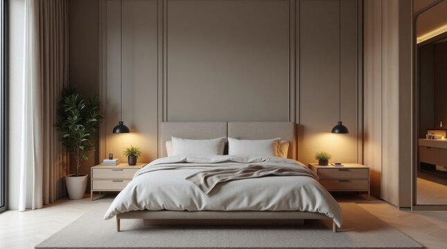 Interior de dormitorio moderno con una cama de plataforma de perfil bajo y ropa de cama de lino impecable