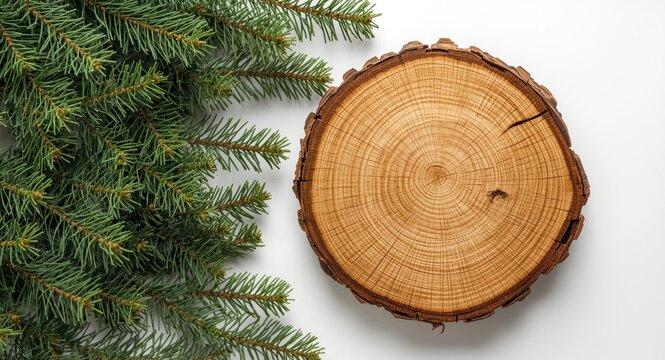 Natural wood slice with vibrant spruce on a white backdrop for marketing and sales event