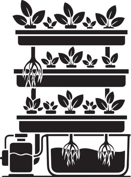 Vector illustration of a hydroponic system with multiple layers of plants growing in nutrient-rich water