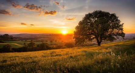 Naklejka premium Peaceful sunset above gentle rolling hills with blooming wildflowers and a grand apple tree