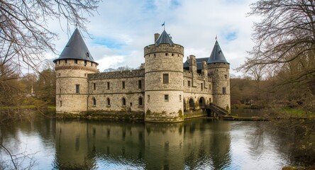 Fototapeta premium historic stone castle encircled by a serene moat