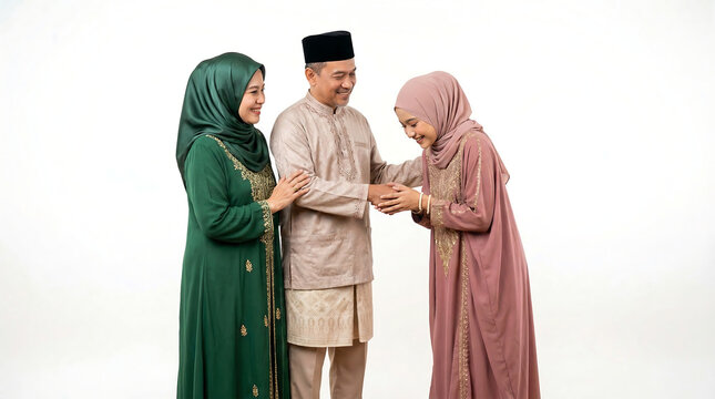 Joyful Malaysian adults in traditional attire exchanging warm greetings, embodying respect and unity during a festive celebration, isolated on a clean white backdrop
