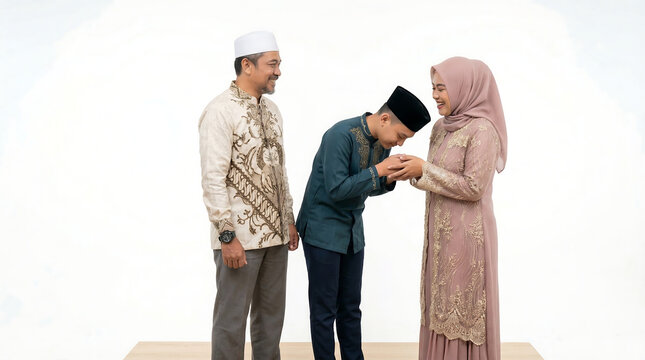 A heartwarming display of a young man showing respect with a traditional hand kiss to an older woman, symbolizing strong family bonds and cultural heritage