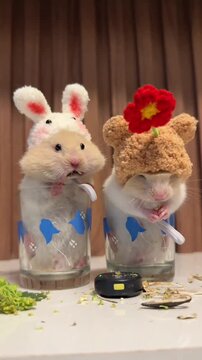 Two adorable hamsters in jars with funny hats on their heads