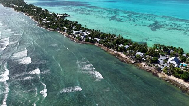 Kiribati South Tarawa Overpopulation Atoll Capital Gilbert Islands Oceania Pacific Thin Strip Aerial Drone 4K