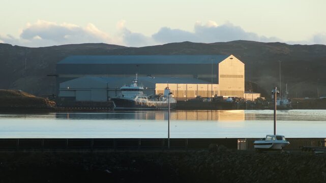Static shot of Arnish manufacturing plant in Stornoway on a sunny morning.