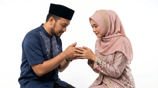 Smiling Muslim man and woman perform a traditional greeting gesture, symbolizing respect and forgiveness during a religious celebration or holiday