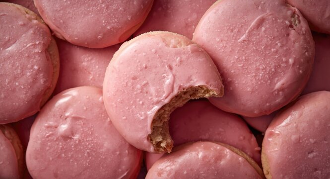 Overhead capture of sugar cookies iced in pink with one cookie partially eaten highlighting texture and color