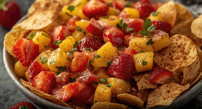 Fruit salsa of sweet mango pineapple and strawberries paired perfectly with cinnamon dusted crunchy tortilla chips