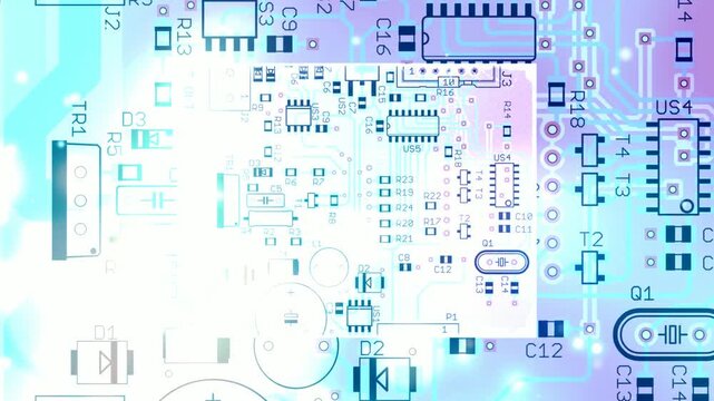 Video animation with printed circuit board of electronic 
device, components of radio elements, 
conductors, contact pads placed on pcb. 
Engineering drawing. Computer technic cad design, 
screensaver